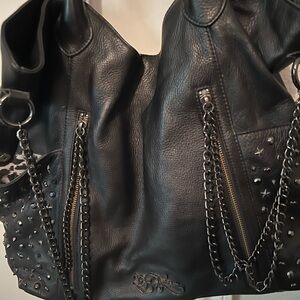 Betsey Johnson Black Textured Leather Shoulder Bag with Script Logo